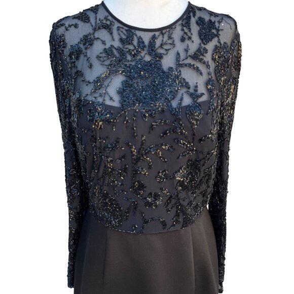 Oleg Cassini Black Tie Black Beaded Evening Gown Sheer Floral Bodice Long Sleeve - Picture 3 of 14